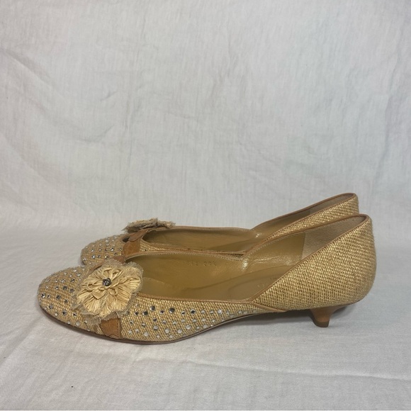 alentino Garavani Leather/Linen Round Toe Kitten Hill Shoes Size 39 1/2 - Picture 1 of 7